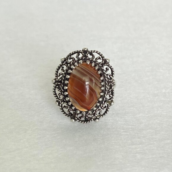 VTG Sterling Silver 925 Oval Prong Set Carnelian Agate Scrollwork Ring Sz 5.75 - Picture 1 of 16